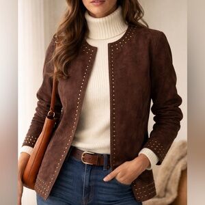 Brown Suede Studded Jacket | Boho Western Luxe | Size L